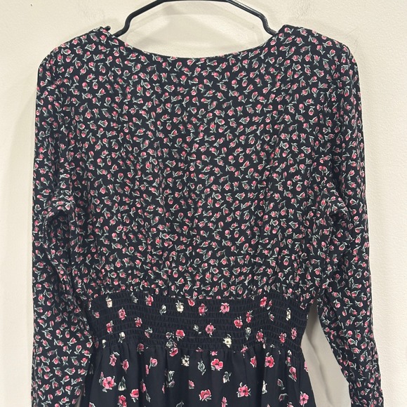 VTG 80s Lanz Originals Ditsy Floral Shirred Midi Dress Black Pink Chintz Cottage - Picture 8 of 13